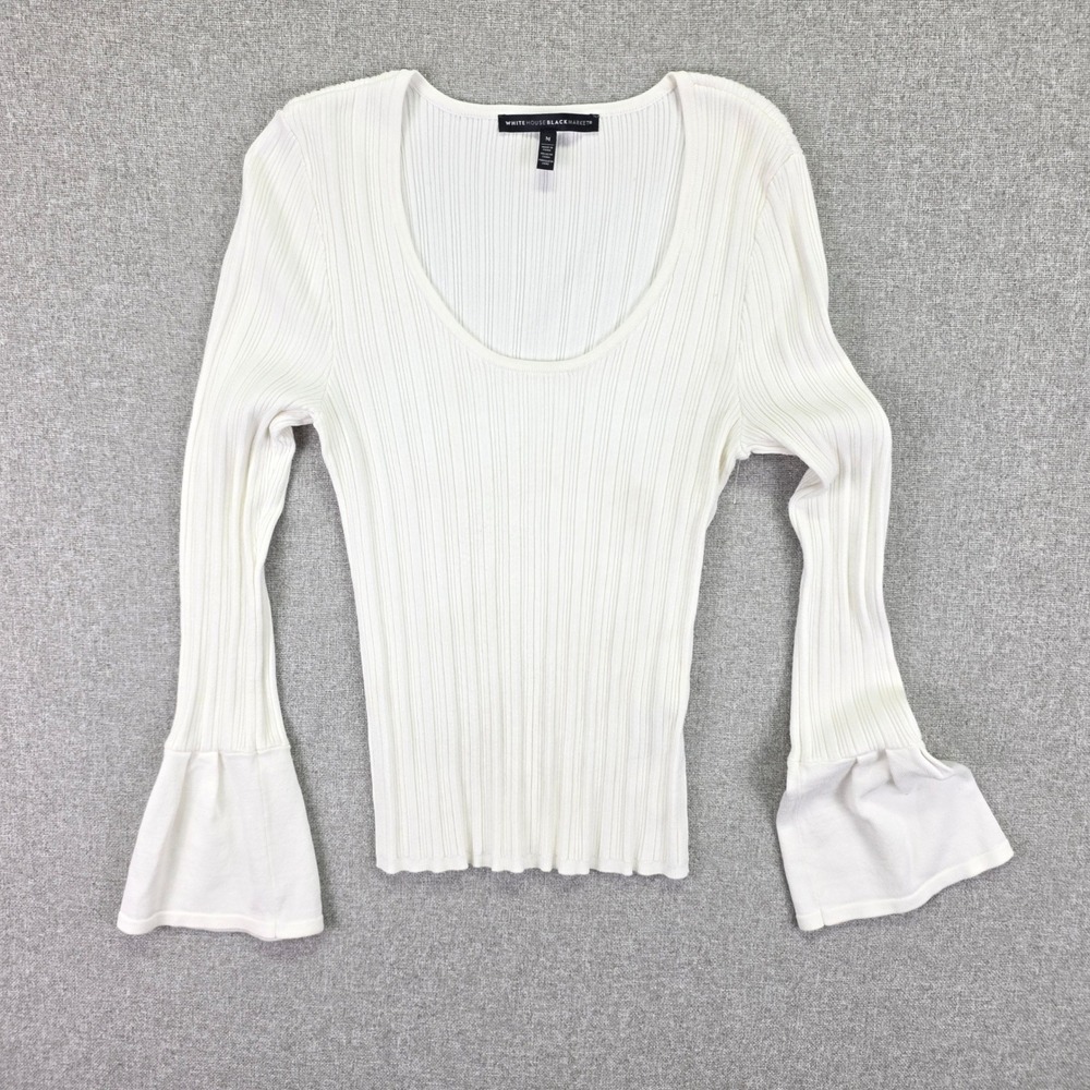 White House Black Market Womens M White Ribbed Scoop Neck Bell Sleeve Sweater